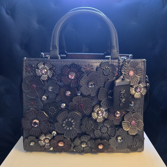 Coach Handbags - Coach Tea Rose Applique Metallic Gray Gunmetal Rogue 25 Satchel New W/o Tags
